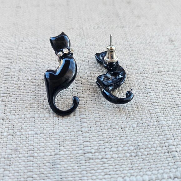 Black Cat Earrings Vintage Fashion Jewelry Earrings Crystals Accent Earrings - Picture 6 of 11